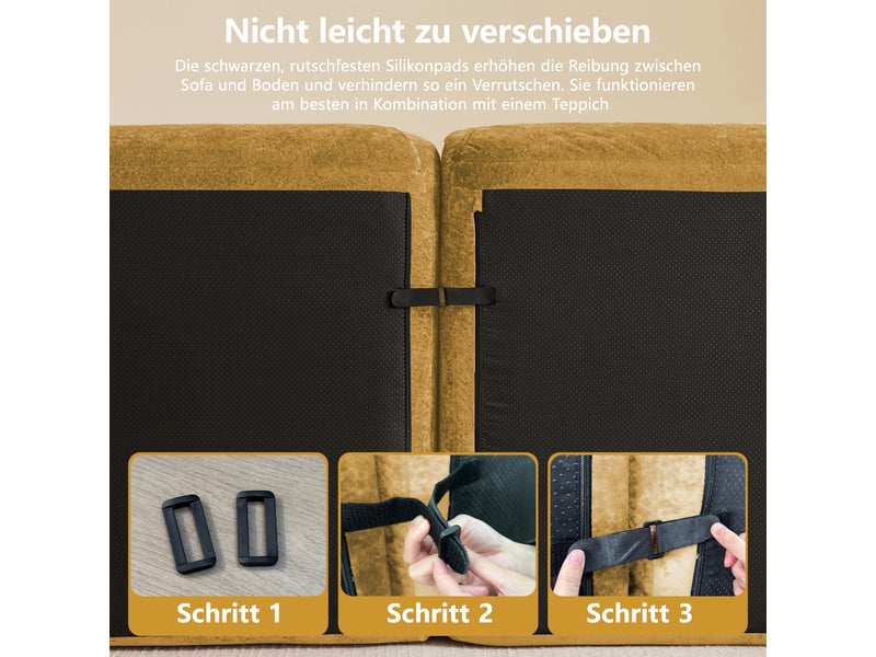 Canapé modulable panoramique 4 places en tissu chenille jaune, design sans cadre avec 2 poufs inclus pour salon moderne - Conforama E