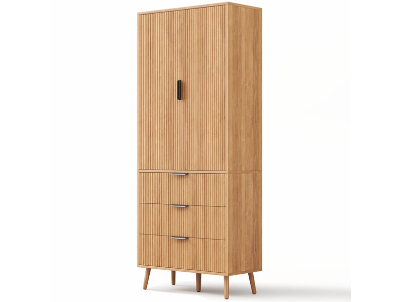  Armoire de cuisine 75x35x180 cm, 2 portes et 3 tiroirs, coloris bois naturel  - Conforama E