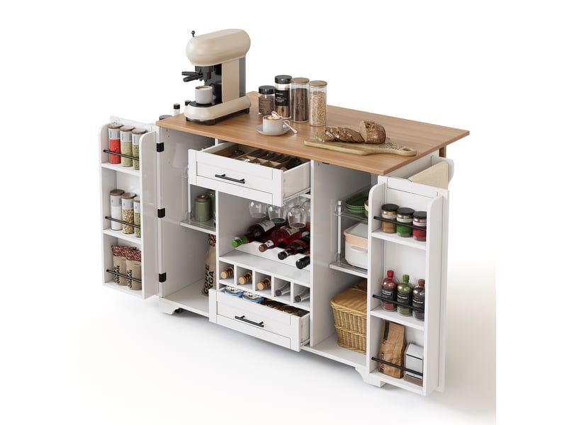  Desserte de cuisine blanche 120x4570x92 cm avec plateau rabattable et rangements multifonctions  - Conforama E