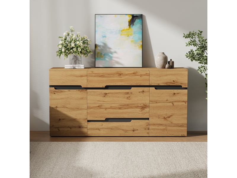  Buffet salon 160 cm noir et bois 2 portes 4 tiroirs  - Conforama D