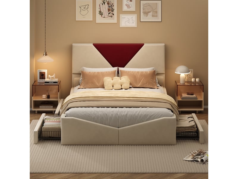  Lit 140x190 cm - lit double 140x190 - rembourré avec 4 tiroirs de rangement, tête de lit bicolore, velours - blanc cassé  - Conforama C