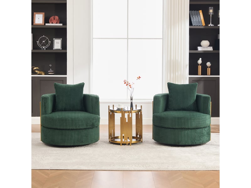  Fauteuil pivotant 360 degrés en velours côtelé vert émeraude, fauteuil une place pour salon ou chambre, rangement intégré  - Conforama E