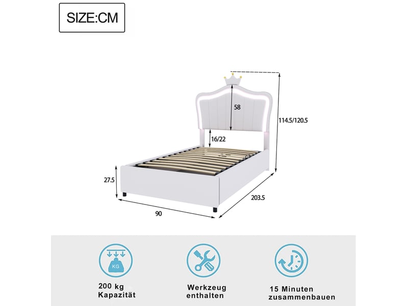  Lit enfant 90 x 200 cm led avec coffre hydraulique et tête réglable, blanc  - Conforama C