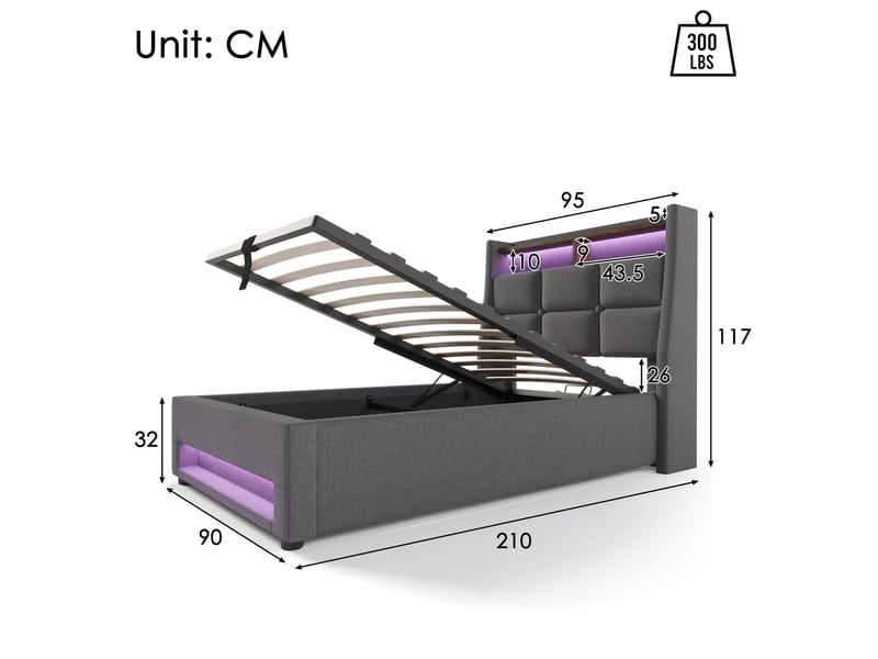  Lit enfant 90x200 cm avec usb et led, lit simple avec matelas, cadre de lit adulte avec tête de lit en lin, gris  - Conforama D