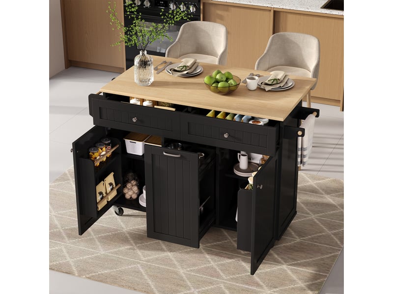  Îlot de cuisine sur roulettes avec plan de travail extensible, meuble de rangement noir avec tiroirs, 140x40x92 cm  - Conforama E