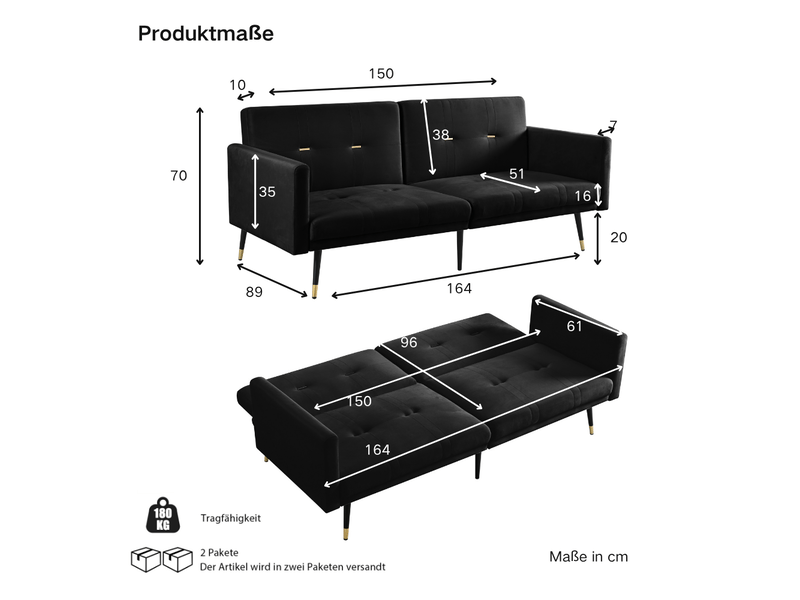  Canapé convertible, canapé-lit, noir, dossier réglable, 2 en 1, pour salon, mobilier pour espace de vie, chambre  - Conforama R