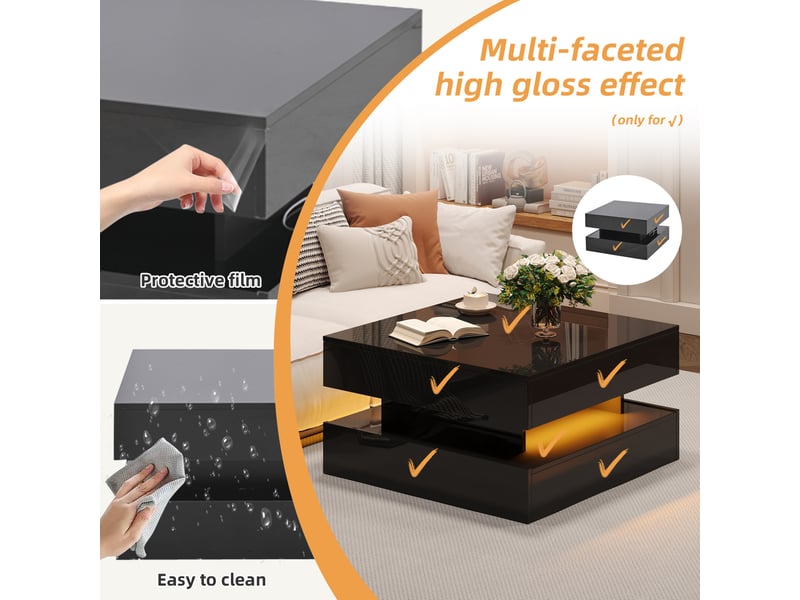  Table basse relevable avec 2 tiroirs, rangement dissimulé, led et plateau haute brillance, pour salon, 65 × 65 × 38,5 cm  - Conforama E
