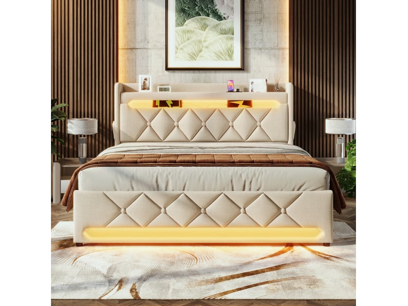  Lit double avec matelas 140 x 200 cm beige en lin, rangement hydraulique, led et usbtype-c  - Conforama C