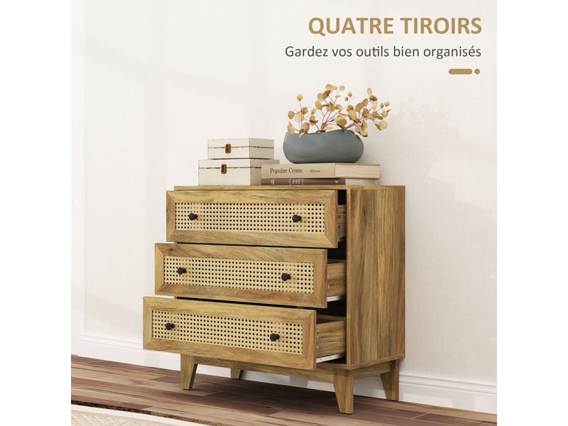 Commode 3 tiroirs meuble de rangement cannage en rotin 80 x 35 x 76 cm aspect bois clair  - Conforama E