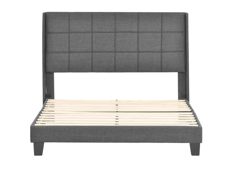  Lit double capitonné 140x200cm, lin gris, tête rembourrée, sommier à lattes, matelas à ressorts inclus  - Conforama E