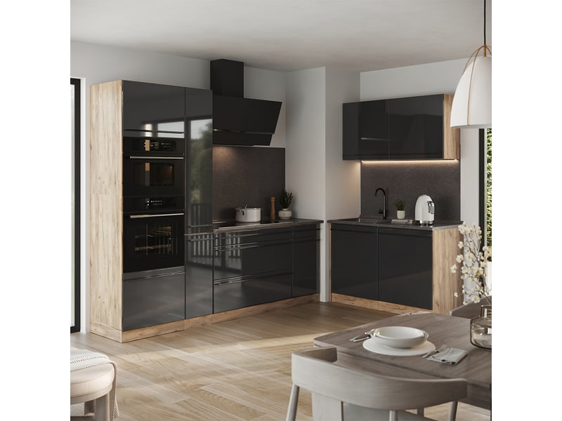 Vicco cuisine en angle, anthracite haute brillancechêne doré, 230 x 120 cm plan de travail chêne doré  - Conforama C