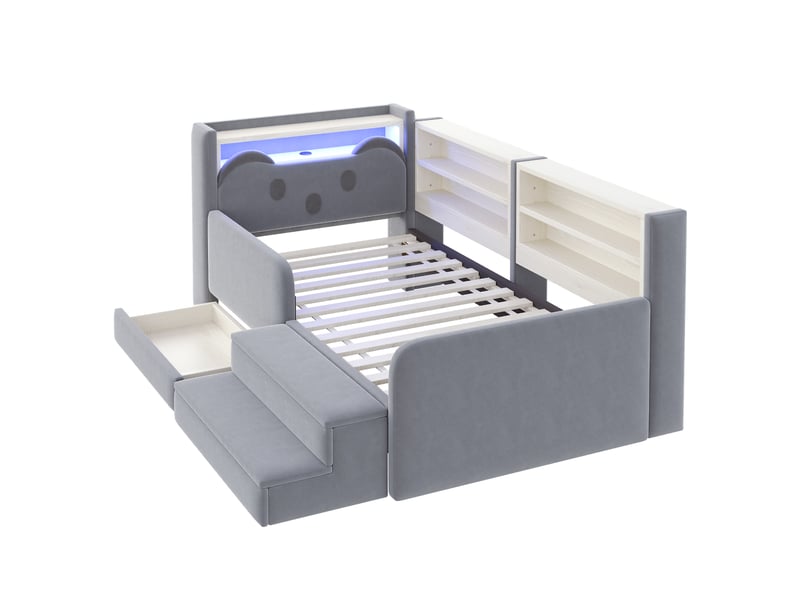 Lit enfant rembourré 90 x 200 cm avec tête de lit ours et rangements, tiroir, marche amovible, barrière latérale, led et usb, en velours gris clair - Conforama D