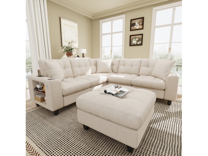  Canapé modulable 5 pl 216,5x216,5x83cm, angle avec repose-pieds, rangement, chenille beige.  - Conforama D