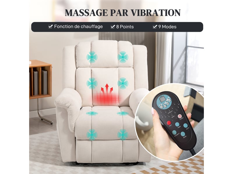  Fauteuil relax massant et chauffant en tissu chenille beige 85x91x104 cm  - Conforama D