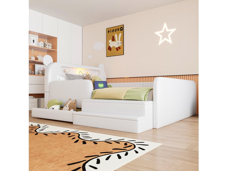  Lit enfant 140 x 200 cm blanc avec tête de lit ours, veilleuse, port usb et rangement  - Conforama C