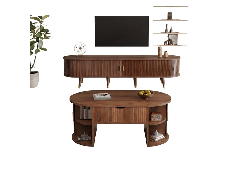  Ensemble meuble tv et table basse noyer, style mid-century, portes coulissantes et plateau relevable  - Conforama A