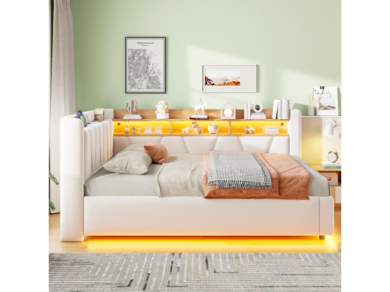  Lit banquette coffre 140 × 200 cm en velours beige, led et usb IKSETERA TRADING LTD - Conforama D