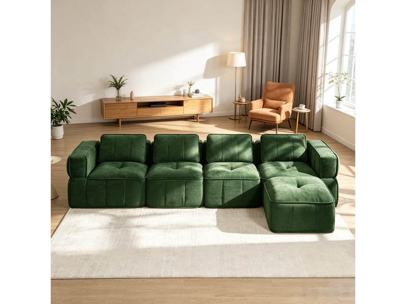 Canapé d'angle 4 places, pouf inclus, mousse 32d, assise profonde, revêtement confortable, 344×162×67 cm, vert  - Conforama D