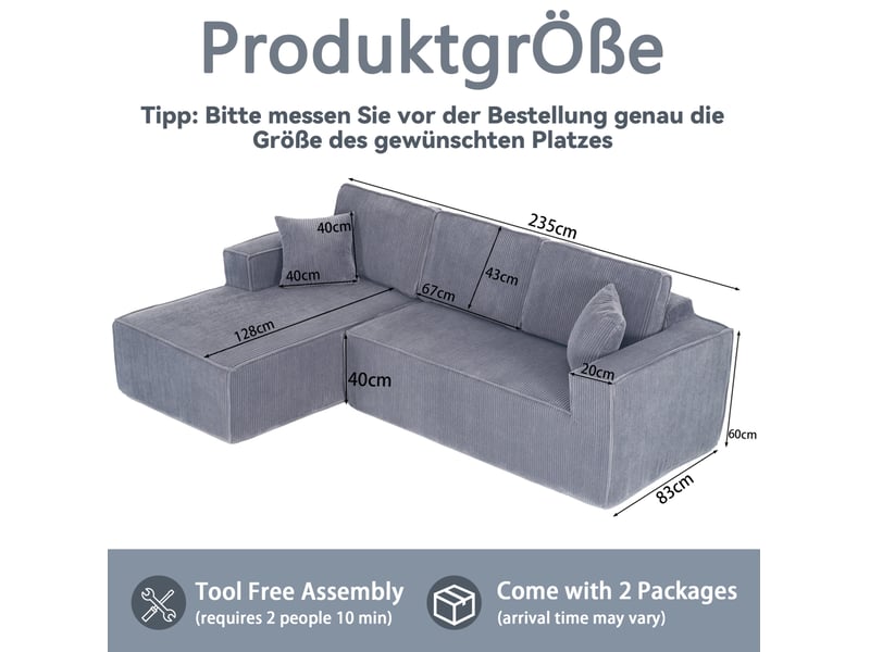 Canapé d’angle modulaire en velours côtelé gris avec méridienne et 2 coussins - Conforama E