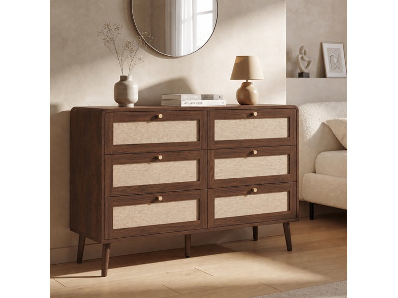  Commode 6 tiroirs 120x40x80 cm, façades aspect rotin, mdf, noyer  - Conforama B
