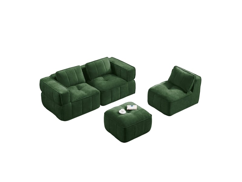 Canapé d'angle modulable 3 places sans cadre avec pouf, en polyester vert - Conforama E