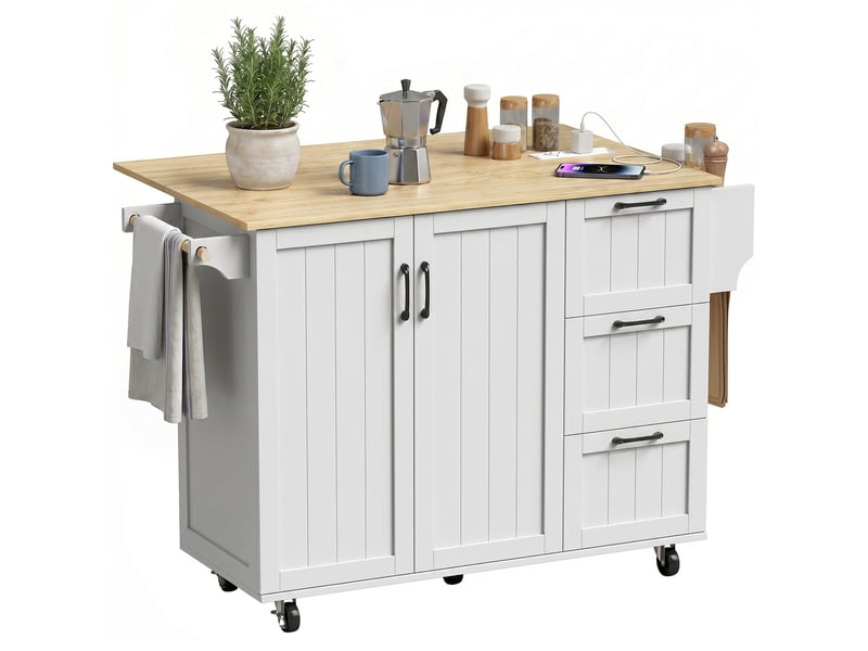  Îlot central de cuisine à roulettes 3 tiroirs plateau rabattable blanc 134,5x75,2x90,5 cm  - Conforama A