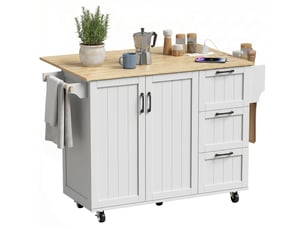 Îlot central de cuisine à roulettes 3 tiroirs plateau rabattable blanc 134,5x75,2x90,5 cm