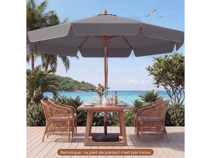  Giantex parasol de jardin exterieur à volants 300 cm,parasol terrasse inclinablle,poteau en bois,3 hauteur réglable,8 baleines,dessus ventilé,gris  - Conforama D