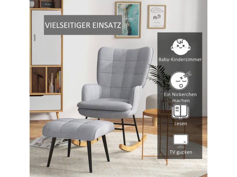  Fauteuil à bascule gris clair avec repose-pieds, accoudoirs, aspect lin, charge 130 kg  - Conforama B