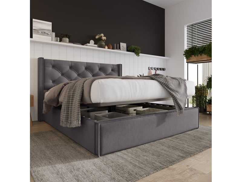  Lit double rembourré hydraulique 140 x 200 cm gris avec rangement  - Conforama C