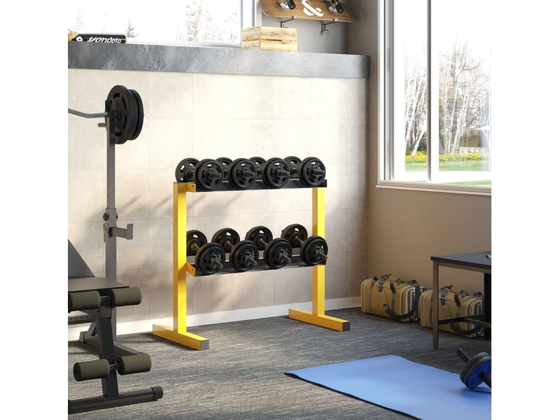  Support d'haltères 2 niveaux en acier jaune, charge totale 270 kg, rangement compact pour votre espace fitness  - Conforama B