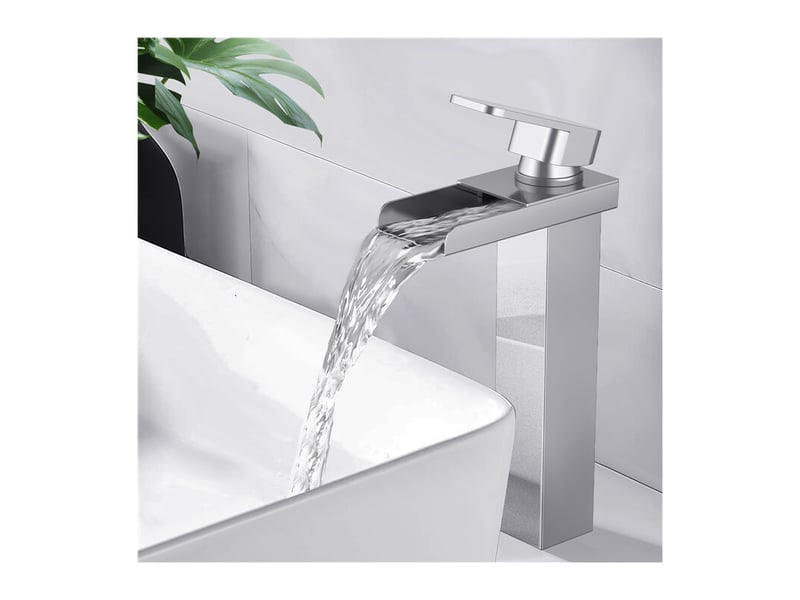  Robinet de salle de bain à effet cascade avec bec surélevé, idéal pour les lavabos et les éviers. Design moderne, coloris argent et cuivre, flexible  - Conforama A