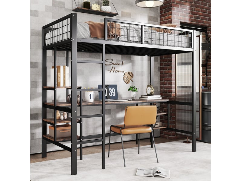  Lit mezzanine 90x200 cm avec bureau et rangement métal panneau de particules noir et bois foncé sans matelas  - Conforama D