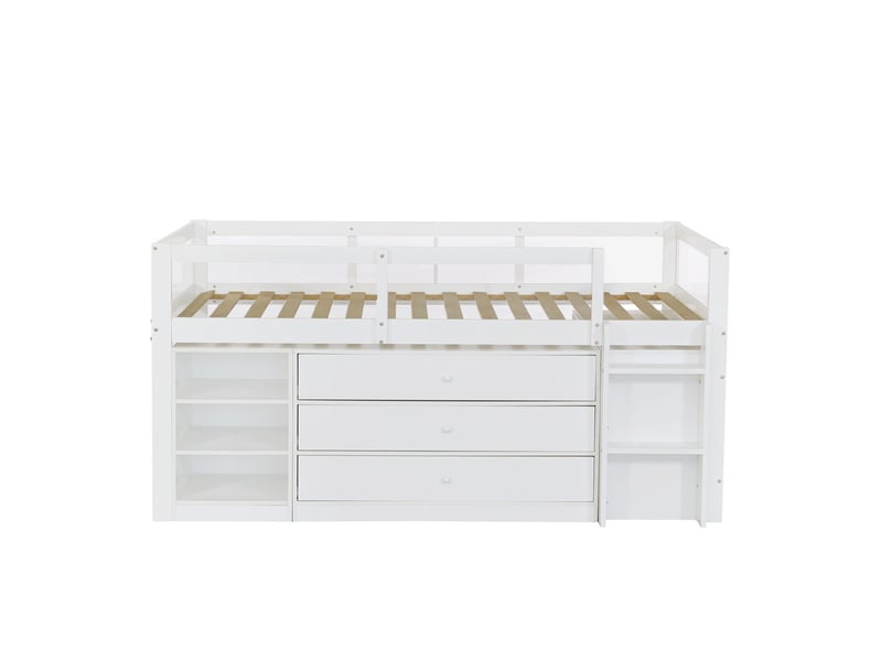  Lit mi-haut en bois, 90 x 200 cm, lit enfant blanc avec barrière de sécurité en acrylique, 3 tiroirs et niches ouvertes  - Conforama A