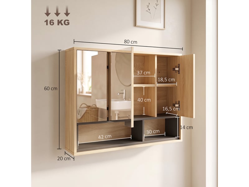  Meuble salle de bain avec miroir, chêne, armoire toilettes murale avec placards à 3 portes et 8 compartiments  - Conforama C