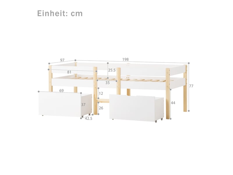  Lit enfant surélevé 90x190 cm avec tiroirs, barrière anti-chute, blanc et chêne clair  - Conforama C