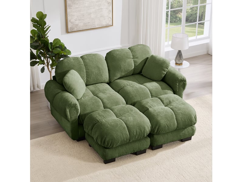  Canapé droit modulaire 2 places en tissu vert avec ottomane mobile, design matelassé élégant pour le salon  - Conforama E