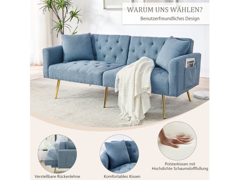  Canapé convertible 2 places avec dossier réglable 3 positions et 2 coussins, pieds métalliques dorés, en tissu teddy bleu  - Conforama E