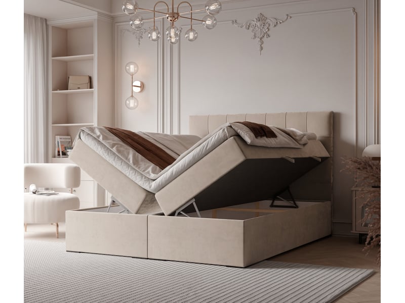  Lit adulte imperial - 160x200 cm - matelas ressorts + surmatelas - coffre de rangement - velours dense hydrofuge crème IMPERIAL - Conforama C