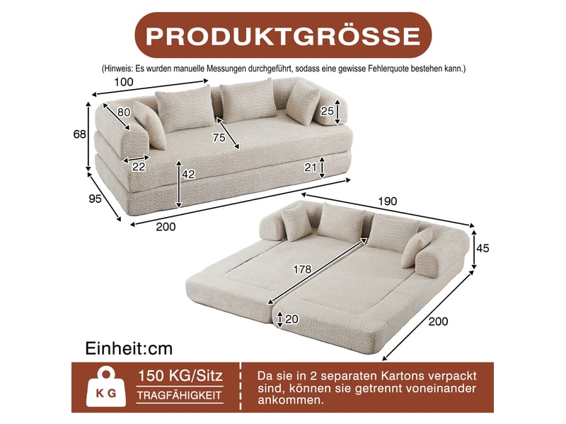 Canapé convertible modulaire 4-en-1 avec dossier réglable, 4 coussins et revêtement en chenille beige - Conforama D