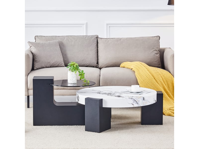  Table d'appoint rond 61×61×30 cm, mdf et verre, noir et blanc Fay Lum - Conforama B