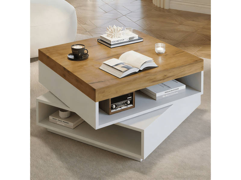 Table basse carrée 65x65x40 cm - plateau pivotant 360° - led intégrée - rangements ouverts - structure mdf - blanc et bois - Conforama D