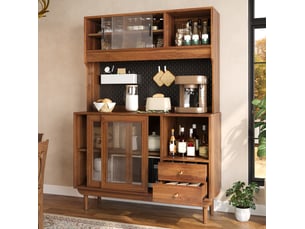 Buffet de cuisine 4 portes coulissantes en verre strié, 2 tiroirs, panneau perforé en noyer 117 × 30 × 170 cm