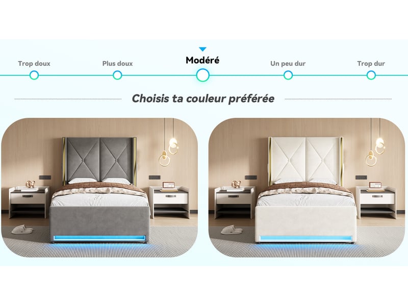  Lit coffre enfant 90x200 cm en velours beige avec led, usb et usb-c  - Conforama R
