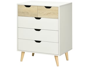 Commode 5 tiroirs pour chambre à coucher avec poignées sculptées, 60 x 40 x 77,5 cm, blanc et bois