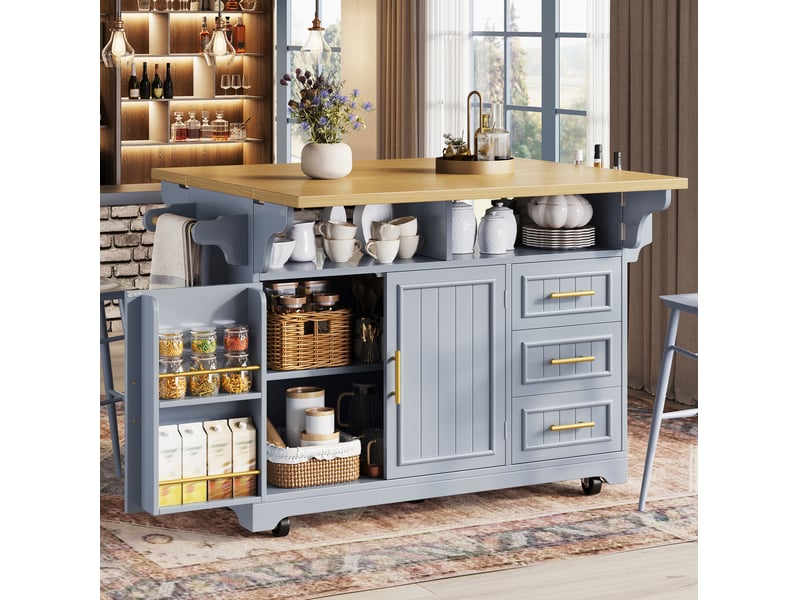  Îlot de cuisine 120x40x95 cm avec plateau extensible et roulettes bleu effet chêne  - Conforama D