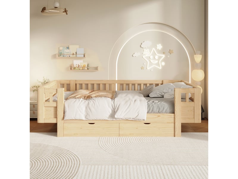  Lit plateforme 90x200 cm en bois massif naturel avec haut garde-corps et deux grands tiroirs intégrés  - Conforama C