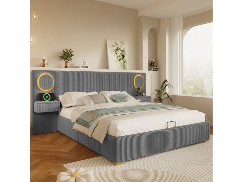  Lit double 180 × 200 cm avec coffre hydraulique, led et prises usb, en velours gris pour chambre 212,5 × 246,5 × 99,5 cm  - Conforama D