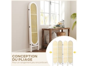 Paravent interieur en bois 4 panneaux 170 x 160 cm pliable et portable, blanc, motif tissé à la main