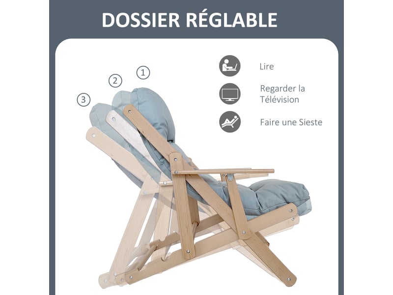  Fauteuil chaise de salon pliable et inclinable en bois fauteuil relax confortable avec coussin capitonné épais  - Conforama D